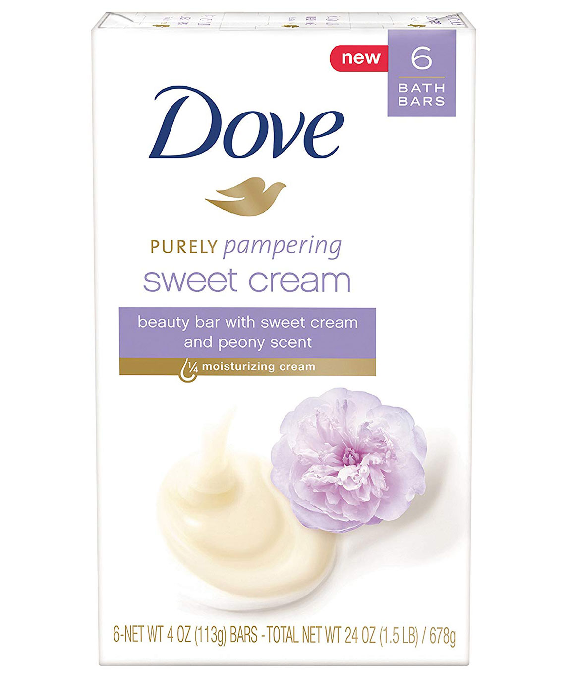 Dove Purely Pampering Beauty Bar, Sweet Cream & Peony, 4 oz, 6 Bar