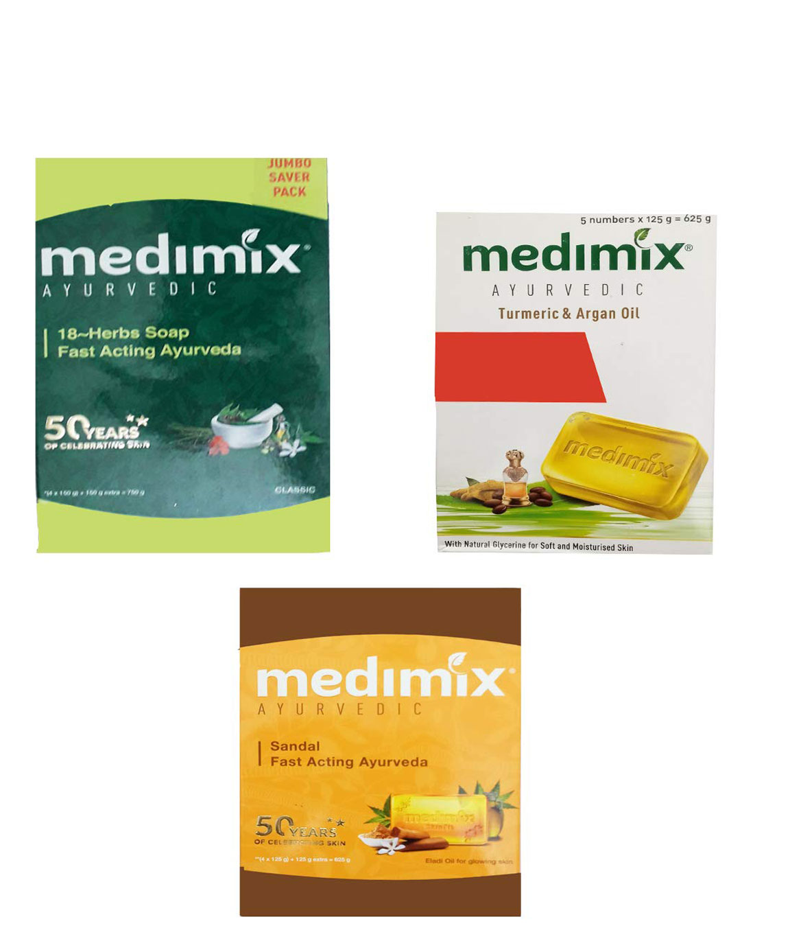 1 MEDIMIX AYURVEDIC 18 HERBS SOAP (JUMBO) 750GM + 1 MEDIMIX AYURVEDIC SANDAL SOAP(625GM)+ 1 MEDIMIX AYURVEDIC TURMERIC & ARGAN OIL SOAP (625GM)