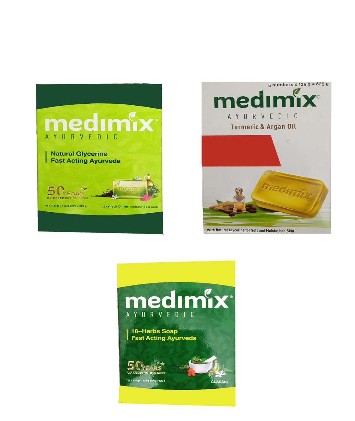 1 MEDIMIX AYURVEDIC 18 HERBS SOAP (625GM) +1 MEDIMIX AYURVEDIC NATURAL GLYCERINE SOAP (625GM)+1 MEDIMIX AYURVEDIC TURMERIC & ARGAN OIL SOAP(625 GM.)