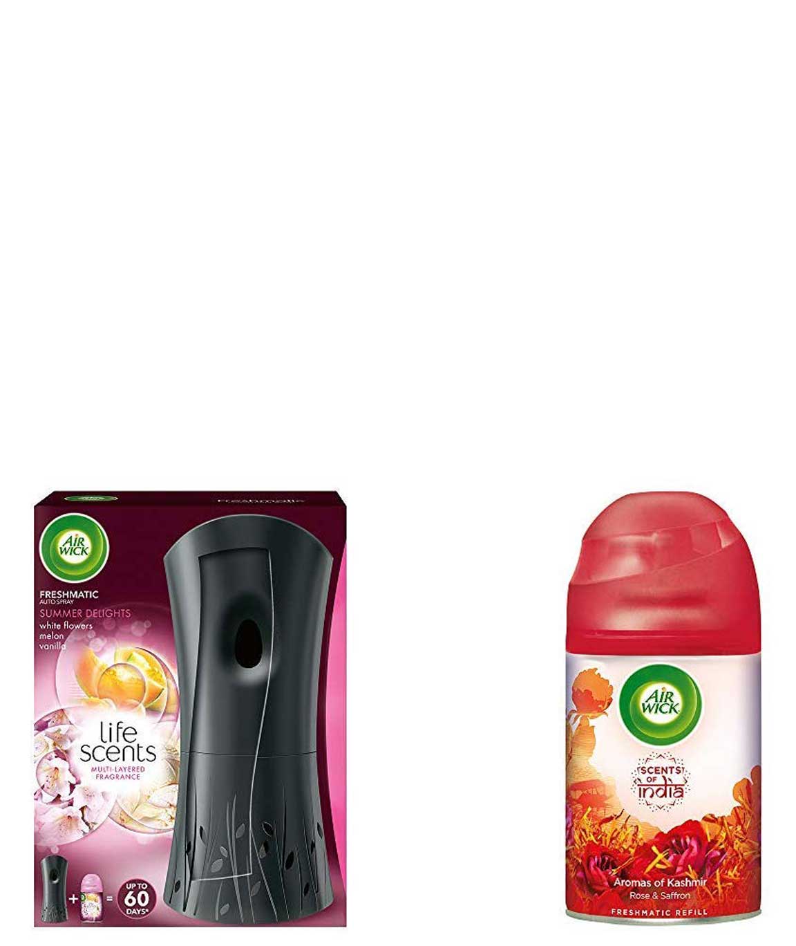 Airwick Freshmatic Complete Kit - Automatic Air Freshener - Summer Delights  (250 ml) & Freshmatic Refill Life Scents Cosy by the Fire - 250 ml Combo
