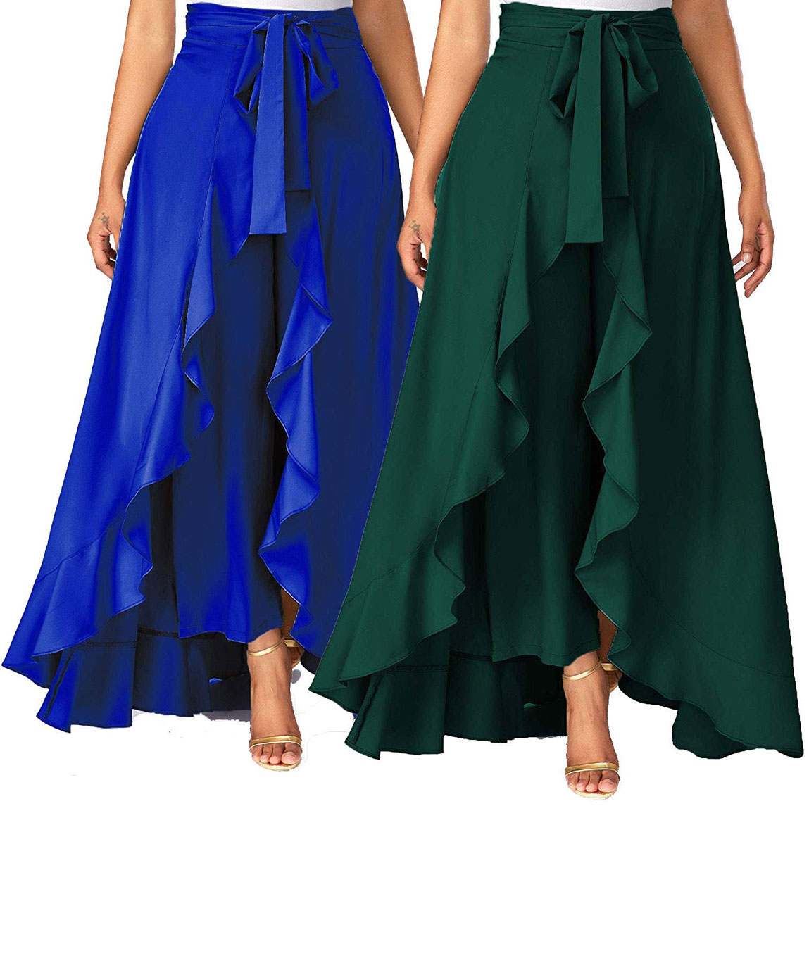 Women`s/Girls Crepe Solid Tie-Waist Layered/Ruffle Skirt Palazzo(blue&dark green)