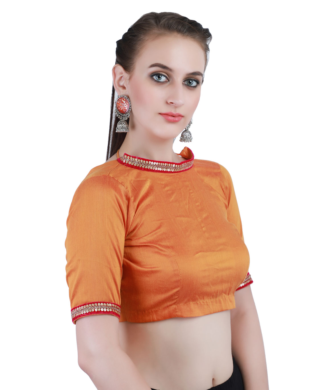 Mustard Cotton Silk Non-Padded Back Open Blouse in Band Collar