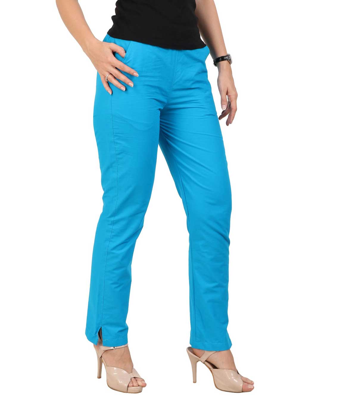 Makxziya Women`s Turquoise Regular Fit Cotton Trouser(Turquoise)