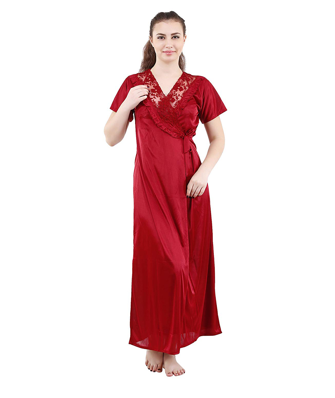 Romaisa Women`s Satin Lace Work Nightdress with Robe (Size - Free