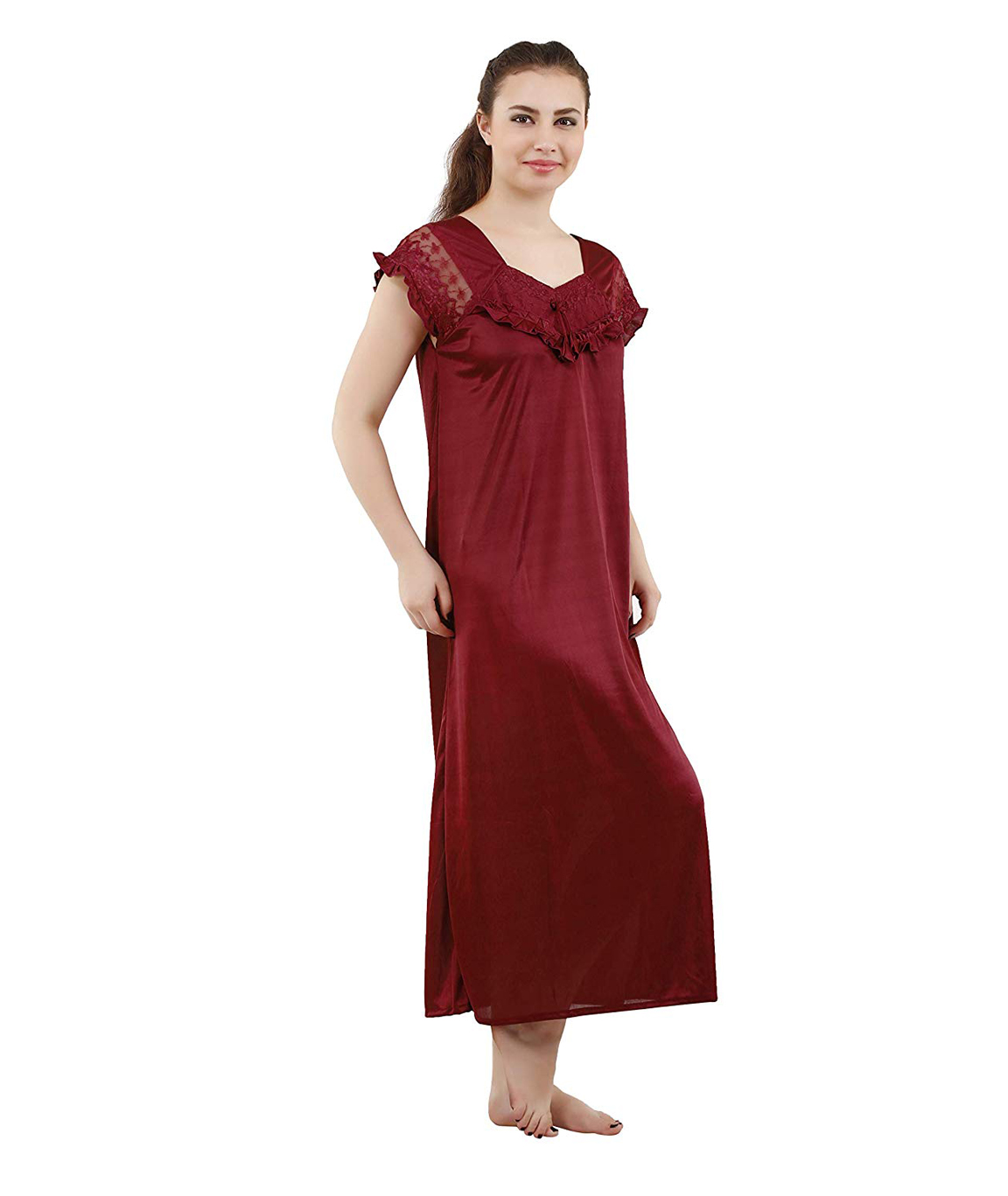 Romaisa Women`s Satin Lace Work Nightdress with Robe (Size - Small