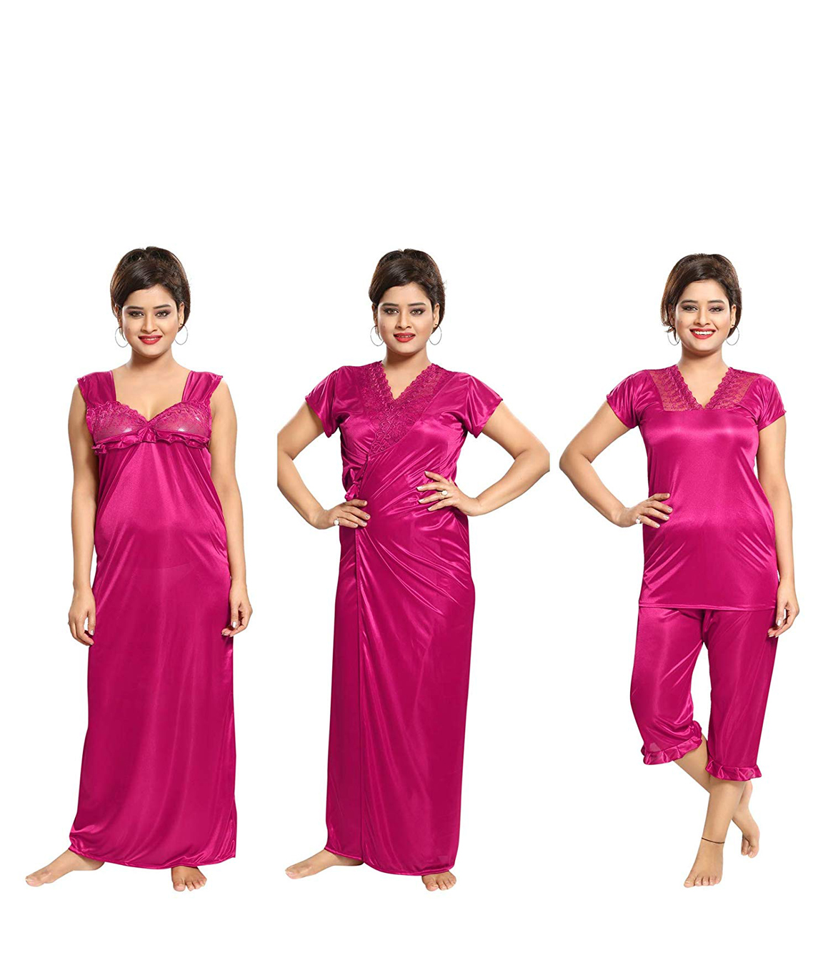 Romaisa Women`s Satin Nightwear Set of 4 Pcs Nighty, Wrap Gown, Top, Capri  (Size - Small, Medium, Large) (Pack of 4)