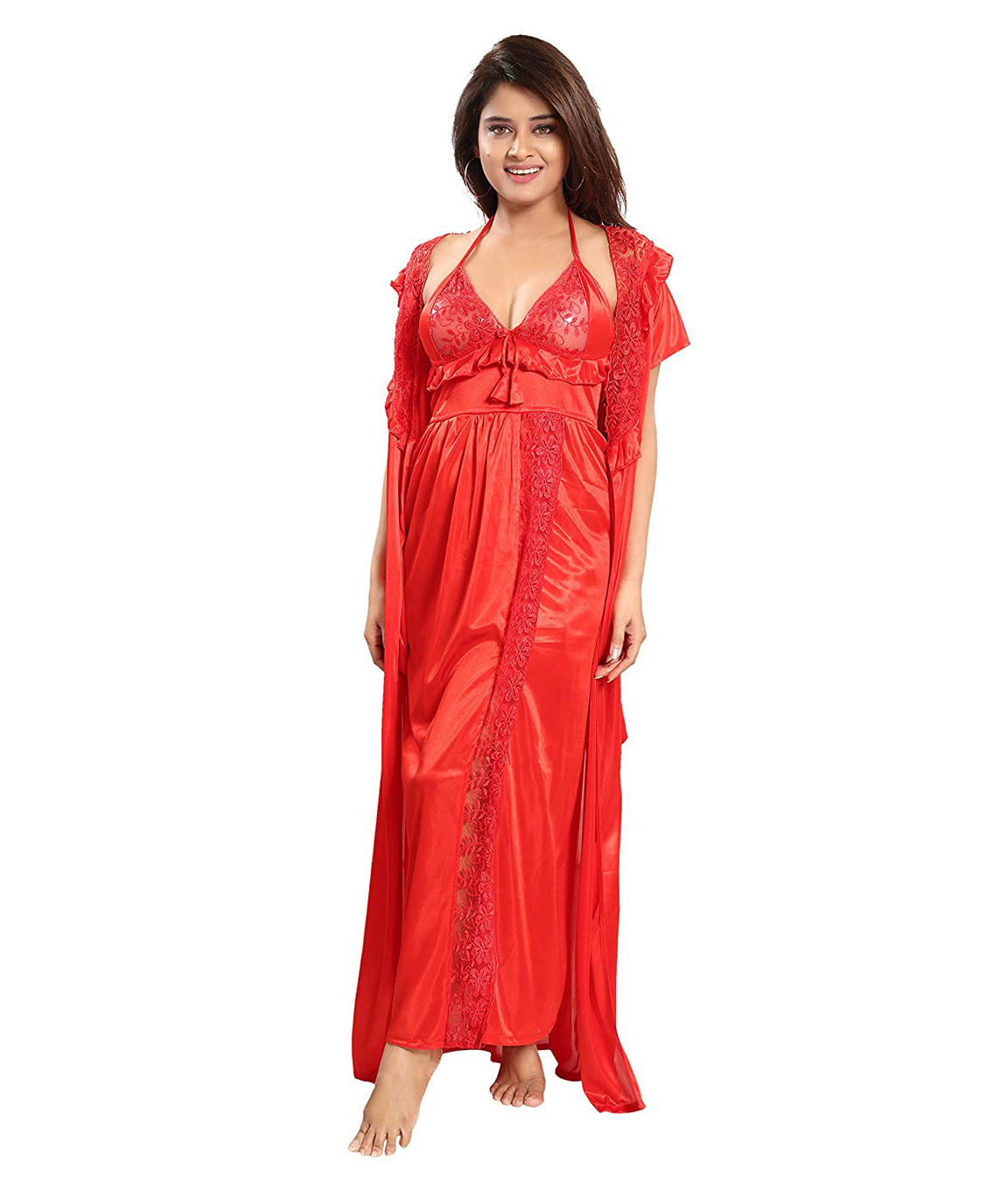 Romaisa Women`s Satin Nighty, Wrap Gown, Top, Pajama, Bra and Thong (Free  Size) (Pack of 6) COLOUR : PALE VIOLET RED