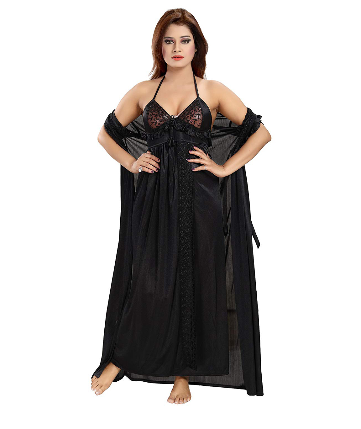 Romaisa Women`s Satin Nightwear Set of 6 Pcs Nighty, Wrap Gown, Top, Capri,  Bra & Thong (Free Size) (Pack of 6) COLOUR : BLACK