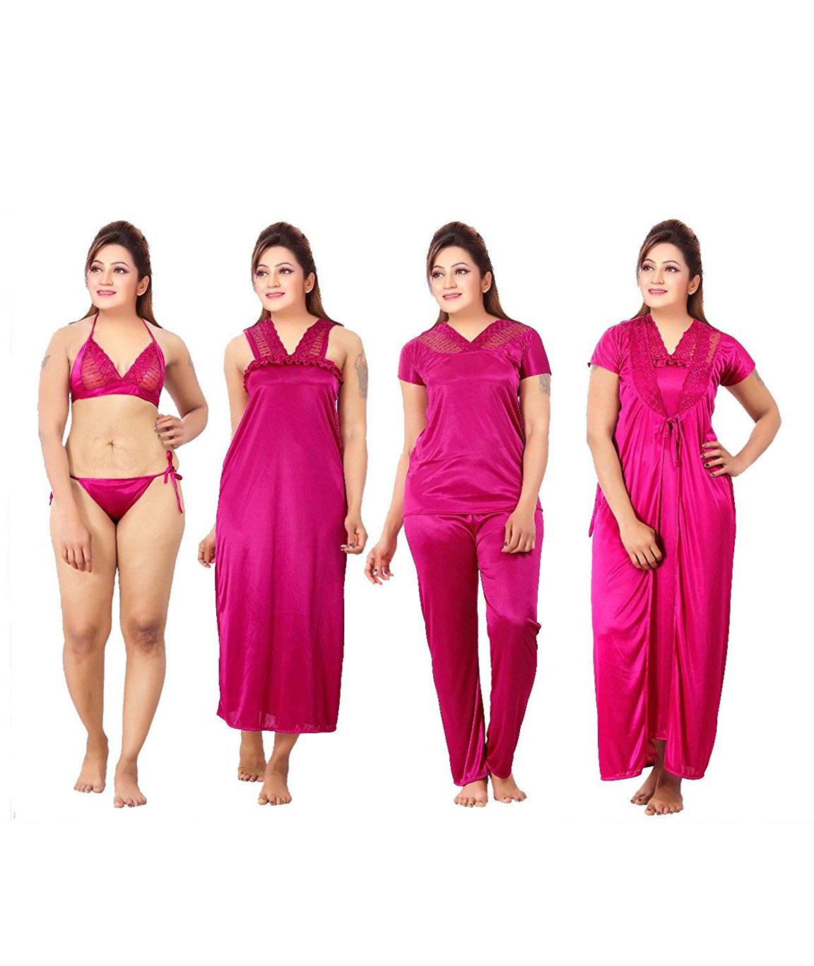 Romaisa Women`s Satin Nighty, Wrap Gown, Top, Pajama, Bra and