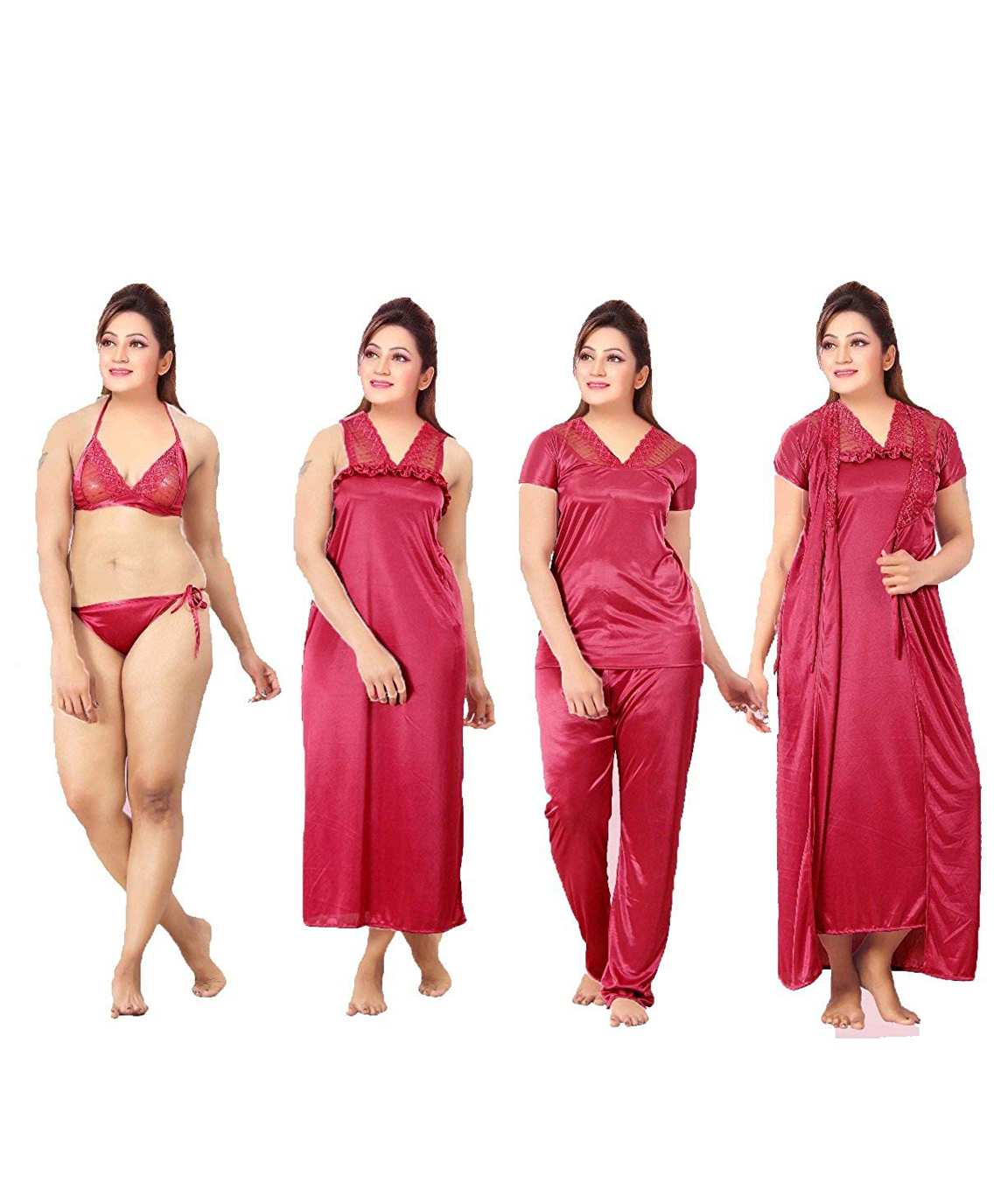 Romaisa Women`s Satin Nighty, Wrap Gown, Top, Pajama, Bra and Thong (Free  Size) (Pack of 6) COLOUR : MAROON