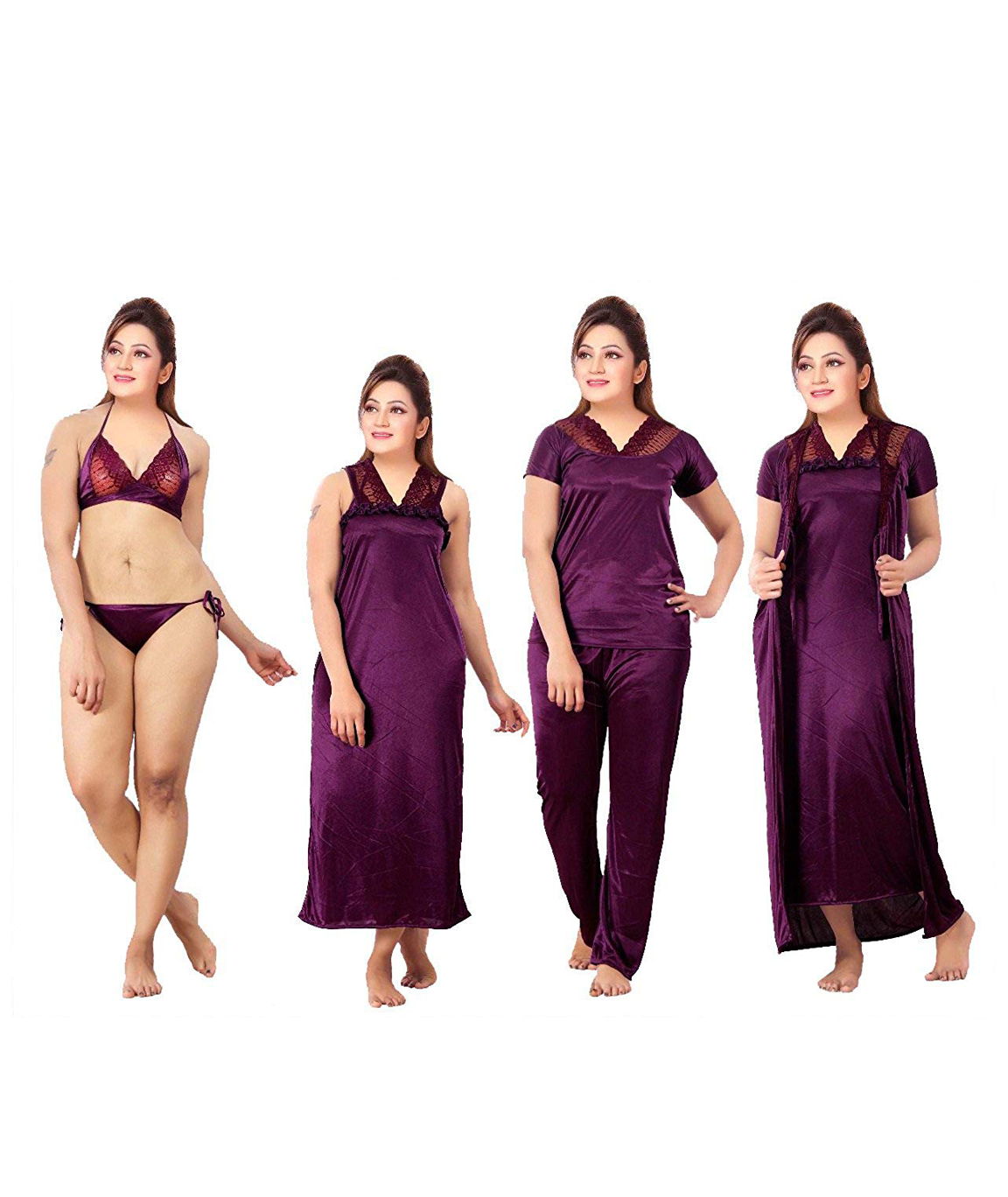 Romaisa Women`s Satin Nighty, Wrap Gown, Top, Pajama, Bra and Thong (Free  Size) (Pack of 6) COLOUR : WINE