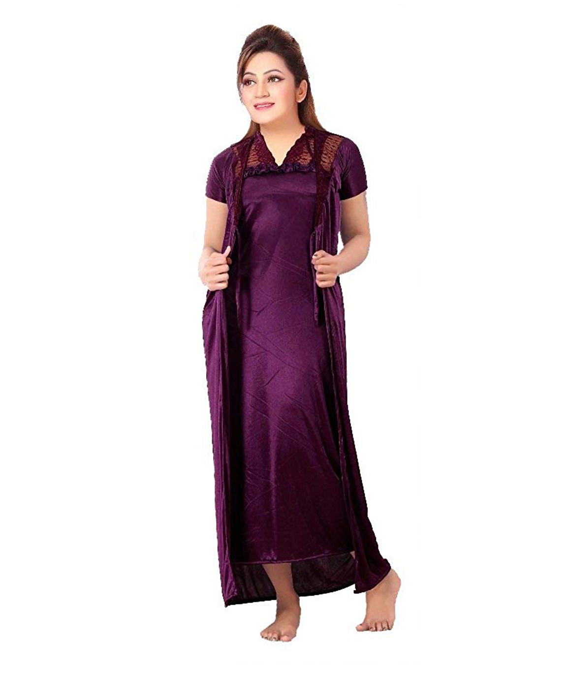 Romaisa Women`s Satin Nighty, Wrap Gown, Top, Pajama, Bra and Thong (Free  Size) (Pack of 6) Colour : Magenta