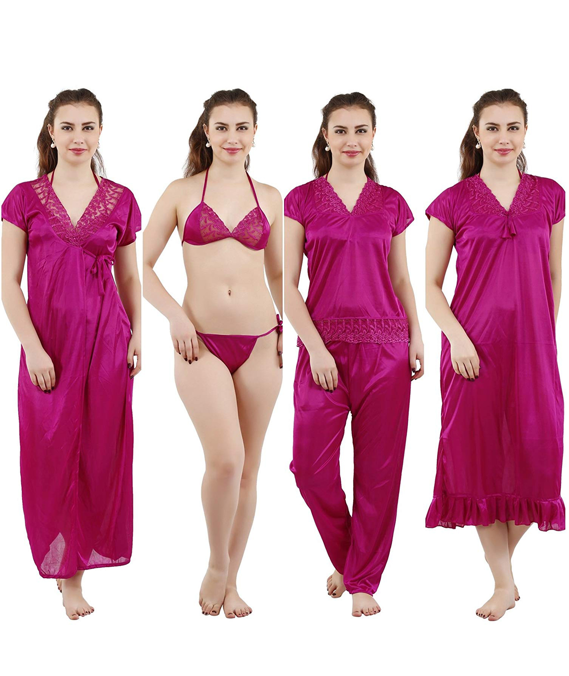 Romaisa Women`s Satin Nighty, Wrap Gown, Top, Pajama, Bra and Thong (Size -  Small, Medium, Large) (Pack of 6) COLOUR : MAGENTA